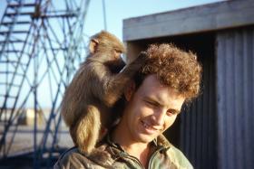 Sgt Duncan with monkey, Radfan Camp 1967