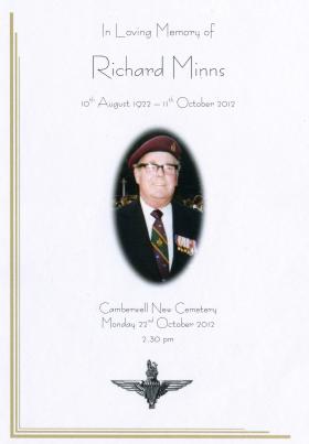 Tpr R Minns Funeral card. 22 Oct 2012