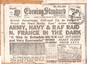 Front page of a newspaper bringing news about the Bruneval Raid kept by Sid Ramsey