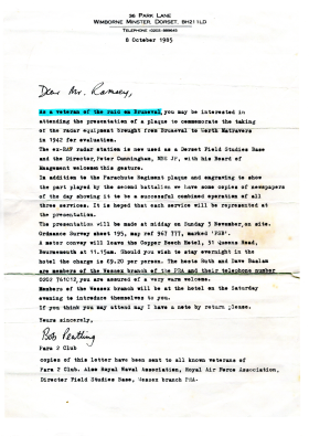 A letter to Sid Ramsey inviting him to the unveiling of a plaque commemorating Bruneval