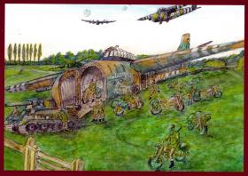 Painting by Bill Gladden, showing Hamilcar gliders and motorcycles