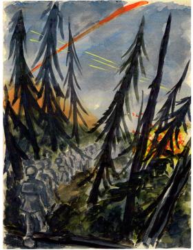 Joseph Michie's painting of paratroopers walking through a burning forest