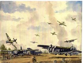 Joseph Michie's painting of Horsa gliders coming into land in a field with paratroopers disembarking (2001)