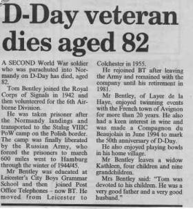 OS Thomas L Bentley obituary Essex County Standard Newspaper
