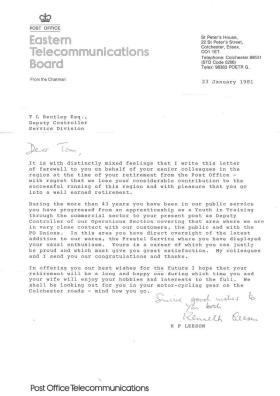 OS Retirement letter to Thomas Bentley