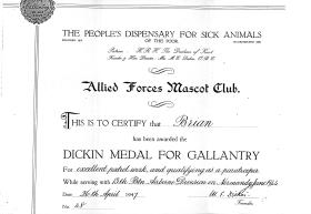 Certificate of the award of the Dickin Medal for Gallantry by the PDSA to Para Dog Brian 1947