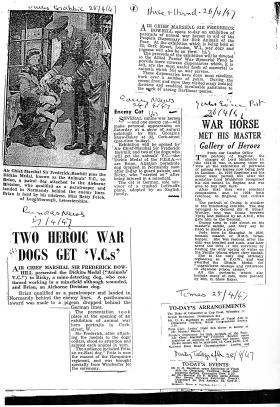 Newspaper Clippings from 1947 concerning Dickin Medals awarded to various animals