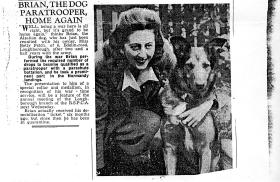 Picture and short article of Betty Fetch and her Para Dog Brian, 1947