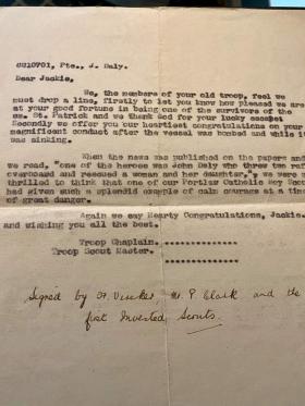 OS Letter to Pte J Daly from his Scout Troop in Southern Ireland. June 1941.