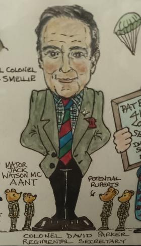A colour cartoon sketch of David Parker as Regimental Secretary, Aldershot, 2002.