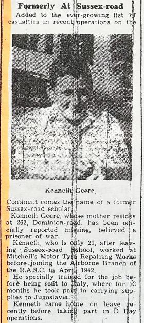 OS Dvr K Geere, 250 Coy, RASC. Worthing Gazette. 18 Oct 1944
