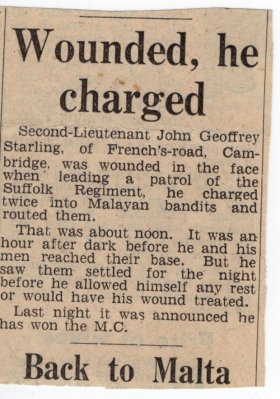 Newspaper clipping of an action for which Brigadier Joe Starling was decorated in Malaya