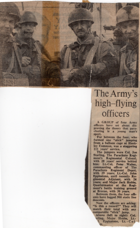 Newspaper clipping about a parachuting challenge Brigadier Joe Starling was part of