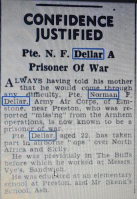 OS Pte.N.F.Dellar. 2 Para Bn. Local Newspaper article 1944