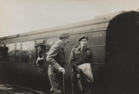 Brigadier Hill saying goodbye to a Canadian Paratrooper, Aldershot station 1945