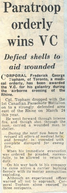 Clipping detailing the actions of Canadian Para Topham VC during Op Varsity