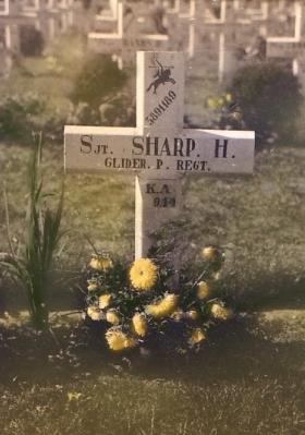 Colourised copy of original wooden grave cross Harry Sharp