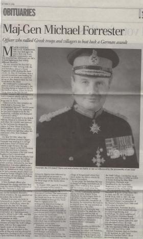 Maj-Gen Michael Forrester obituary in the Telegraph October 27, 2006