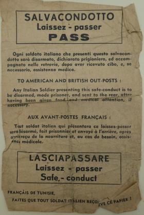 Italian POW Safe Conduct pass