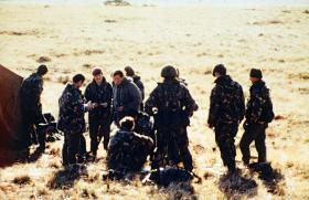 Battalion HQ Officers, Lt Col ‘H’ Jones in the centre, Sussex Mountains area, May 1982.