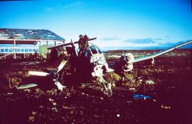 Wrecked Argentine Pucara aircraft, Goose Green, 29 May 1982.