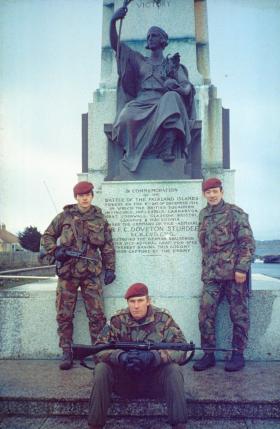 Members of 3 PARA Anti-Tank Platoon at a First World War memorial, Port Stanley, Falklands, 1982.