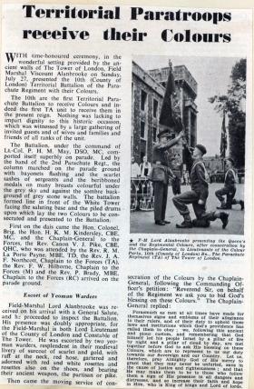 Newspaper article on presentation of Colours to 10 PARA, 1952.