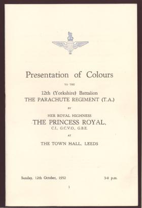 Booklet for the presentation of the Colours to 12 PARA (TA), Leeds 1952.