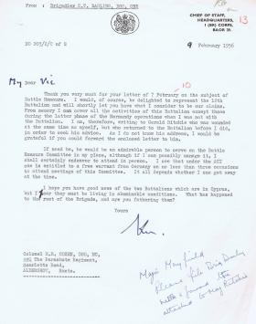 Letter regarding 12th (Yorkshire) Battalion Battle Honours claim, 9 February 1956.