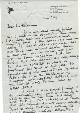 Letter to Pte Hatchman's father from Major Roberts informing that he had been injured, 1972.