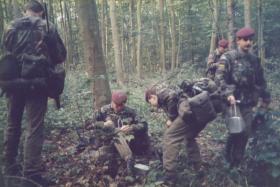 Members from 144 PFA enjoy breakfast time in Danish woodlands, September 1984