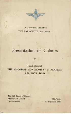 Booklet for the presentation of Colours to 15 PARA, 7 September 1952.
