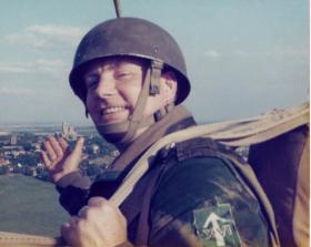 Sgt Johnny Ellis about to do a balloon jump on the West Common, with Lincoln Cathedral in his hand, 3 September 1977
