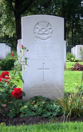 Headstone of Pte C J Rogers, Oosterbeek War Cemetery, October 2015.
