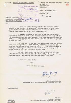 Letter regarding claim of 17th Battalion (9 DLI) TA to bear Regimental Colour, 15 February 1956.
