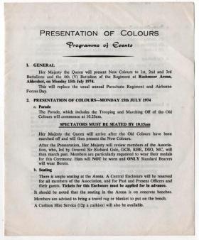  Presentation of Colours, programme of events, 15 July 1974.