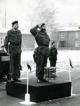 Cpl Joe Lee takes the Salute as 1 PARA marches past on the occasion of his leaving the Army after 22 year's service, 1976.