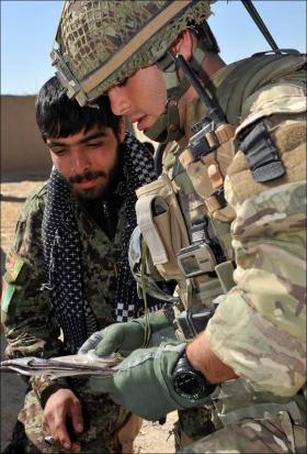 An officer from 2 PARA with an ANA Soldier, Afghanistan, 2011
