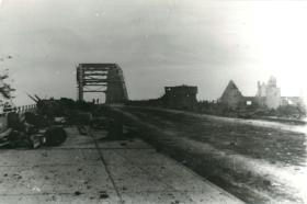 German photo of Arnhem Bridge and surrounding destruction after the battle.