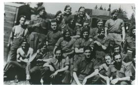 Group photo of Mortar Troop, 1st Airborne Reconnaisance Squadron in Norway, 1945.