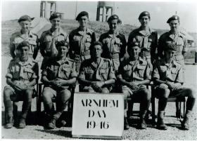 Group photo of men from HQ 1st Parachute Brigade on Arnhem Day, Palestine, 1946