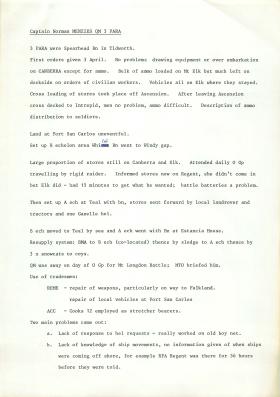 Account of 3 PARA's actions in Falklands by Captain Norman Menzies.