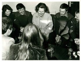 Margaret Thatcher talks to troops around a table during a visit early on in the troubles.