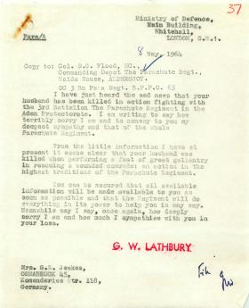 Condolence letter to the family of 'Barry' Jewkes, killed in Radfan, May 1964