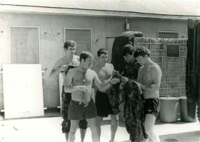 Five paratroopers attend to their laundry on camp, Hong Kong, 1980