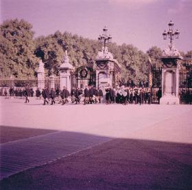 Band enter the gates of Buckingham Palace when 1 PARA performed Public Duties, 1969