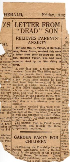 Newspaper clipping reporting Taylor to be alive and well, 1946