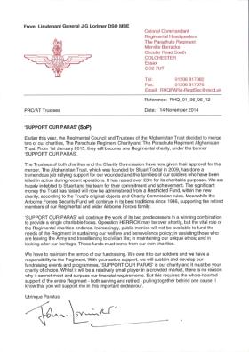 Establishment of Support Our Paras Charity letter from the Colonel Commandant, 14 November 2014.