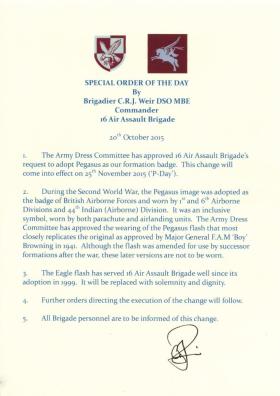 Special Order of the Day by Brigadier C R J Weir DSO MBE, 20 October 2015. 