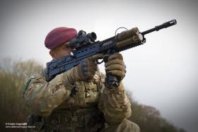 A member of the Parachute Regiment demonstrating an upgraded Laser Light Module Mk 3 mounted on the SA-80 Mk2.